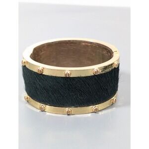 C Wonder Green Faux Fur Gold Tone Hinge Bangle Bracelet Statement 6.5"
